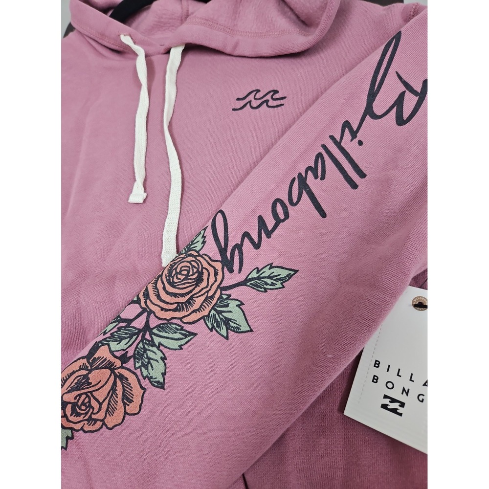 Billabong Women Pullover Hoodie Pockets Pink XS Roses Surfer Girl Waves NWT
